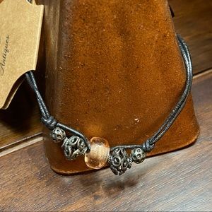 Vintage Black Rope Beaded Stone Adjustable Bracelet Pink, Black, Silver Beads